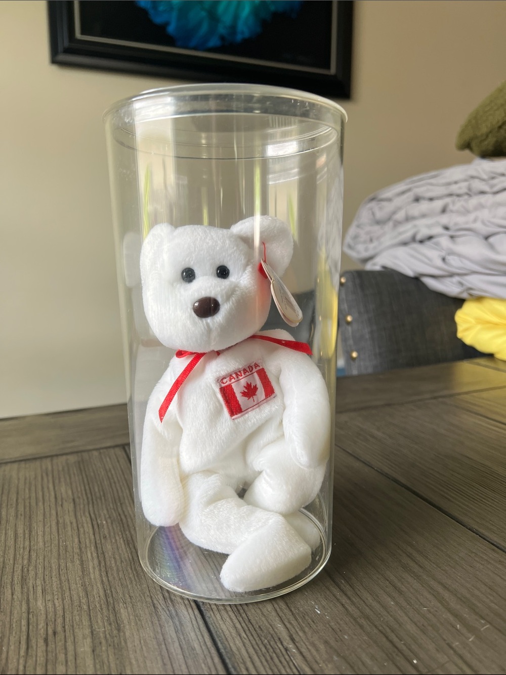 Maple. Ty White Beanie Baby Canada Bear with Red Ribbon
